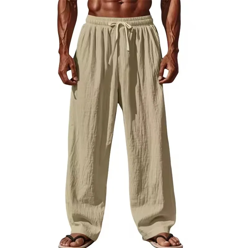 New Men's Beach Daily All-match Outdoor Leisure Fitness Simple Cotton Linen Loose Trousers Suitable for Spring and Summer