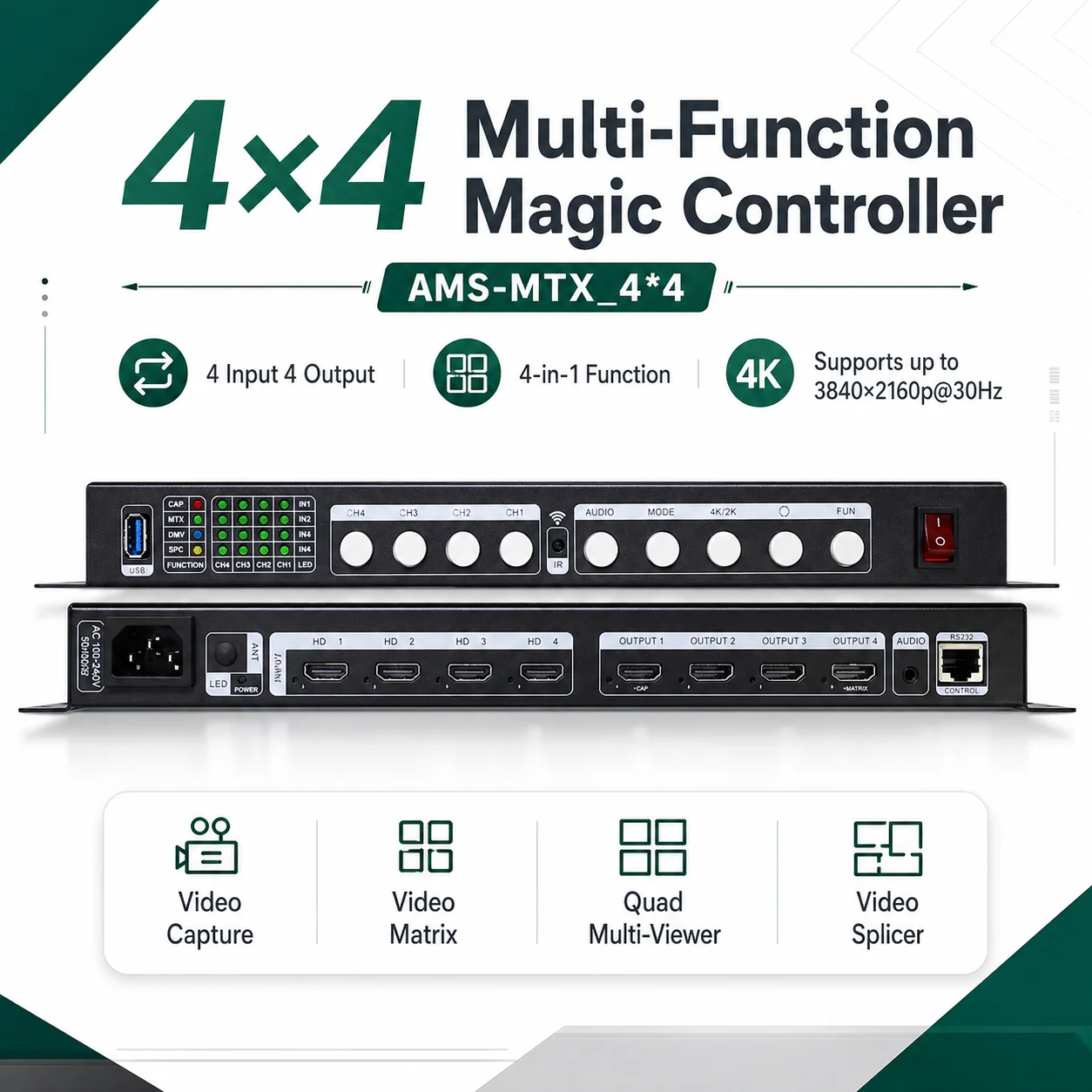 

4×4 4K30HZ LCD Video Matrix Switcher Seamless Splitter with Web Control for Multi-Screen Management Display for LCD TV