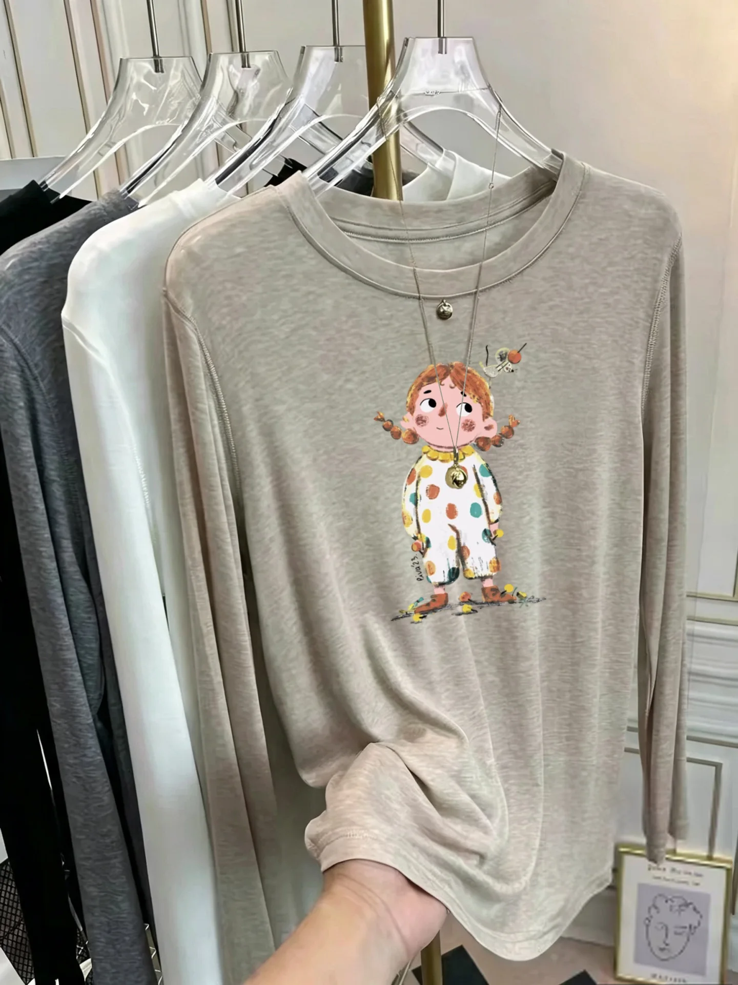 Korean Style Women's Long Sleeve T-Shirt Soft Sunscreen Print Thin Base Layer Mask Design Casual Comfortable Cotton Top