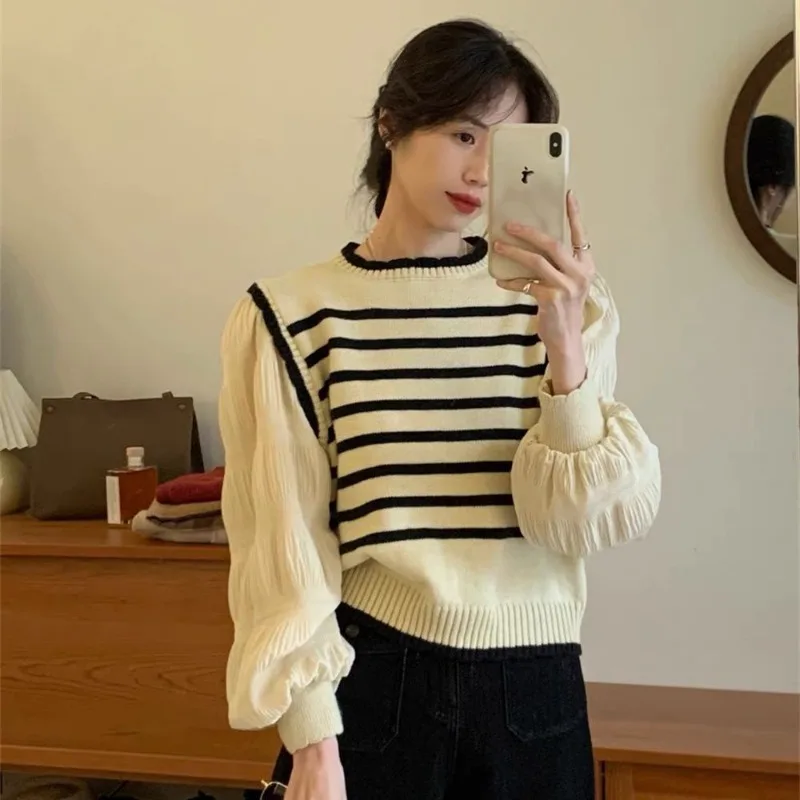 Patchwork Fashion Women Sweaters 2024 Striped Knit Top Autumn Winter Pullovers Knitwears Long Sleeve Clothes Ladies Sweater New