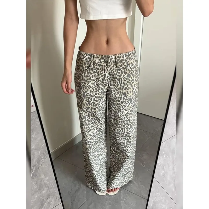 American Women Retro Leopard Print Loose Casual Straight Wide Leg Jeans High Street Y2K Pattern Printed Washed Baggy Jeans