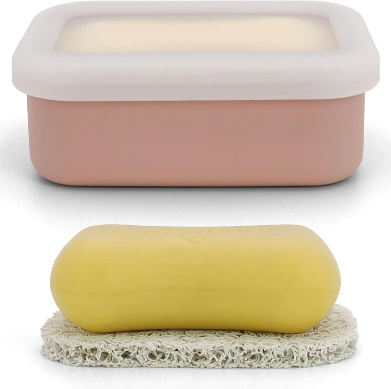 コンパクトな漏れ防止トラベルソープケース、シリコン製トラベルソープコンテナ、排水層付きポータブルソープボックス（ピンク）