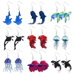 Cartoon animal earrings, acrylic cute and funny fighting fish, jellyfish, turtles, whales