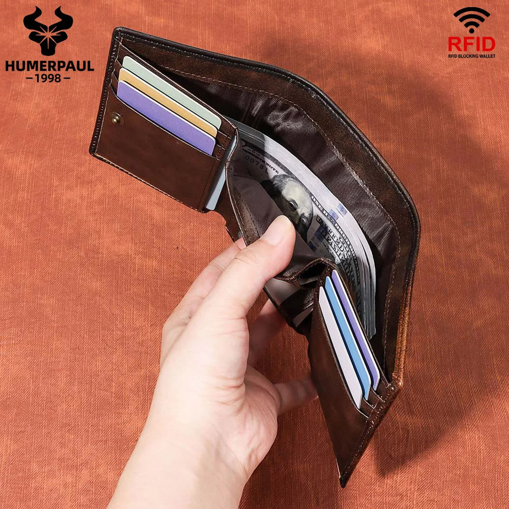 HUMERPAUL 100% Genuine Leather Wallets For Men Short Trifold Coin Purses Slim RFID Card Holder Men Money Clip Wallets