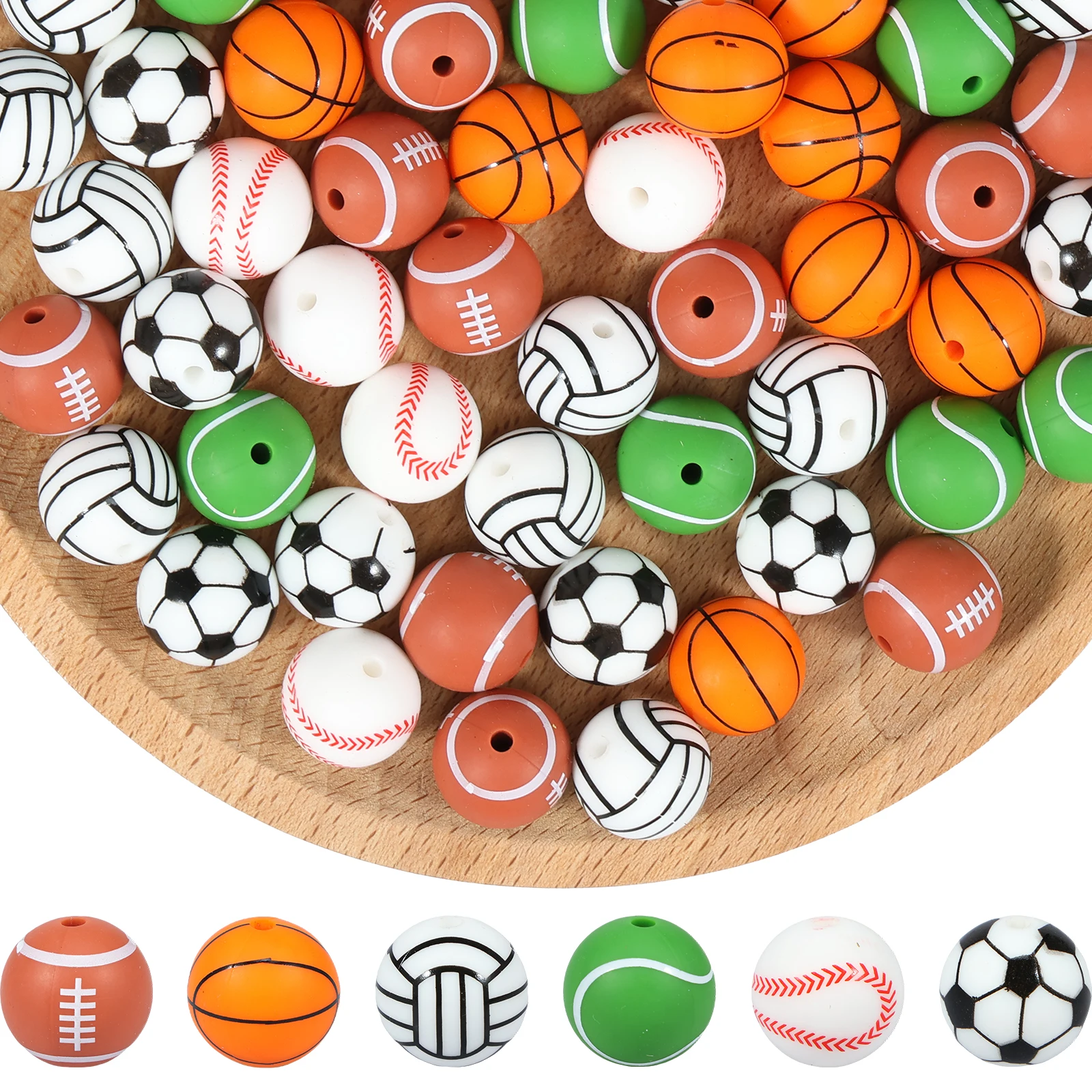 

60Pcs Silicone Ball Beads 15mm Silicone Sports Beads Bulk Assorted Silicone Sport Ball Beads Sports Bead Mix Football