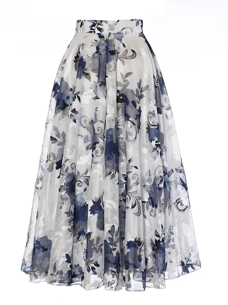 High Quality New Spring Summer Mid-long Floral Printed A-line Skirt All-match High Waist Big Bottom Women Gauze Pleated Skirts