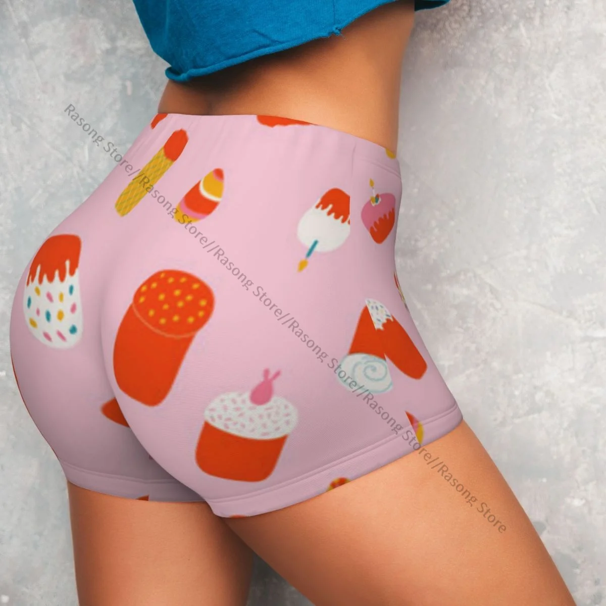 여성용 스판덱스 요가 반바지 케이크와 계란 패턴 운동 부티 반바지