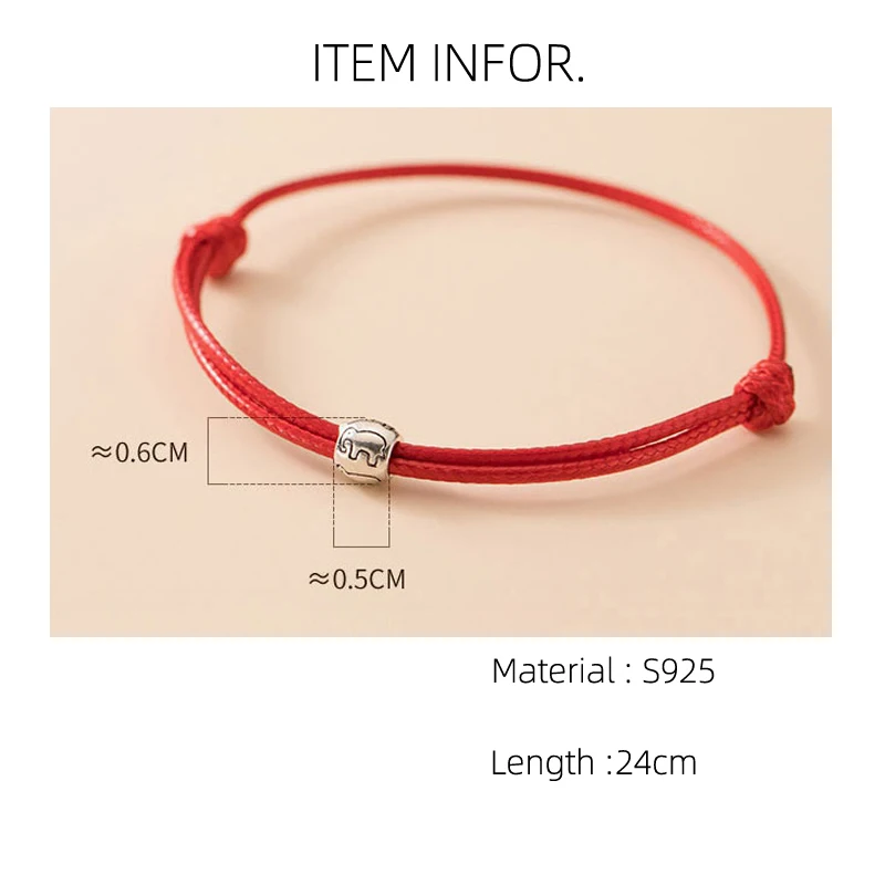 La Monada 24cm 925 Sterling Silver Cute Elephant Red Rope Bracelets Red Thread String Jewelry Bracelets For Women Student Girl
