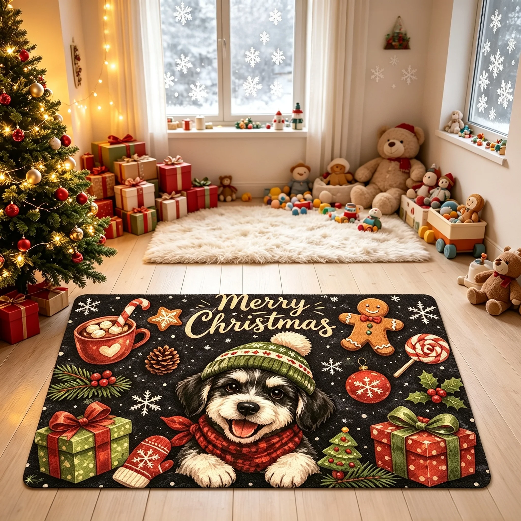 Winter Christmas Puppy Doormat Candy Cane Pinecone Floor Rug Decorative Printed Mat for Front Porch House Holiday Upgrade
