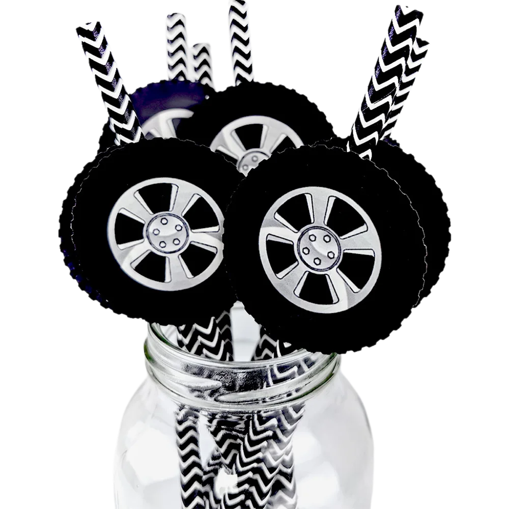 20/40/80pcs Wheel Tire Paper Straw Racing Wheel Drinking Straws Tyre Disposable Straw Baby Shower Racing Birthday Party Decors