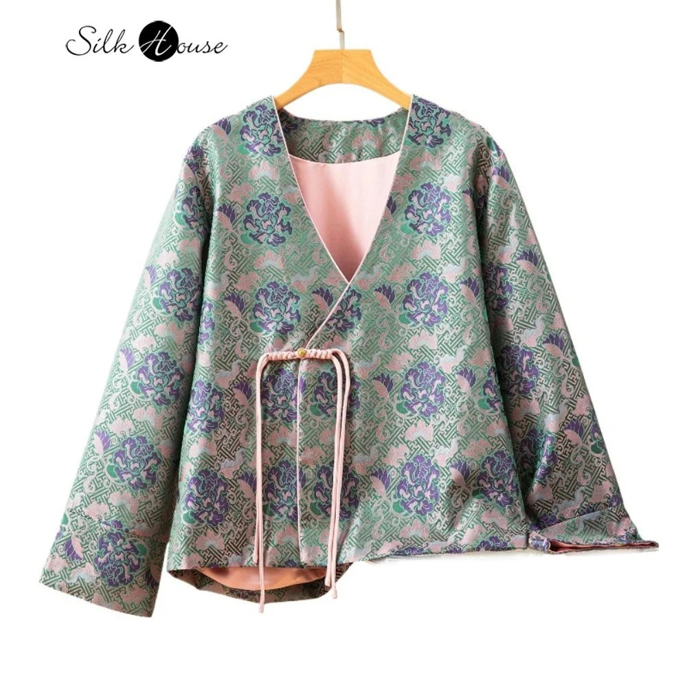 

2025 Women's Peony Print 100% Natural Mulberry Silk Song Brocade Diagonal Collar V-neck Long Sleeved New Chinese Style Jacket