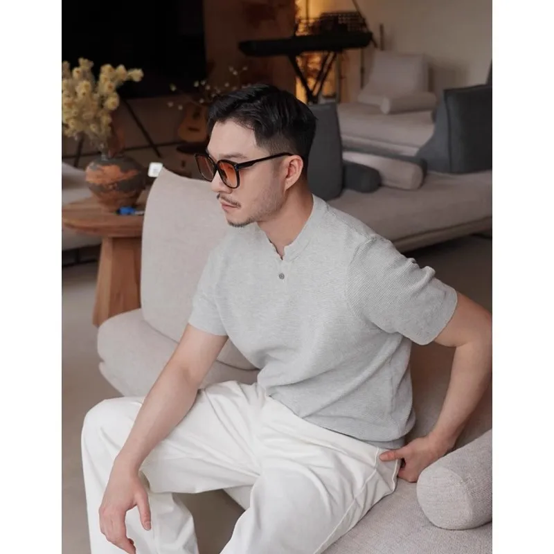 Henry collar short-sleeved knitted sweater men's pineapple pattern summer breathable and versatile inner ice silk short sleeve