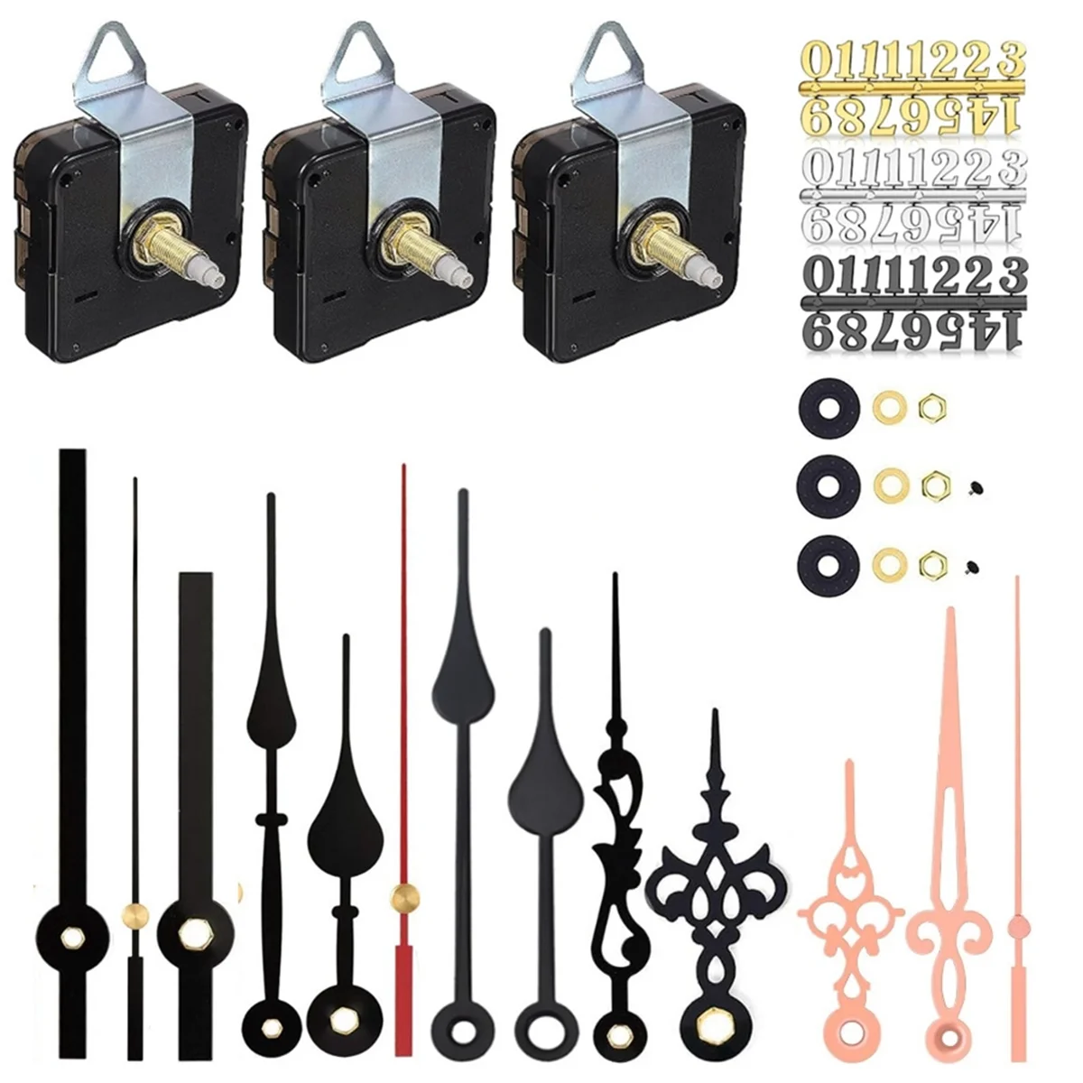 6 Set Quartz Clock Movement Parts with 10 Set Hands Contains Numerals Kit for Clock Repair Parts Replacement Parts