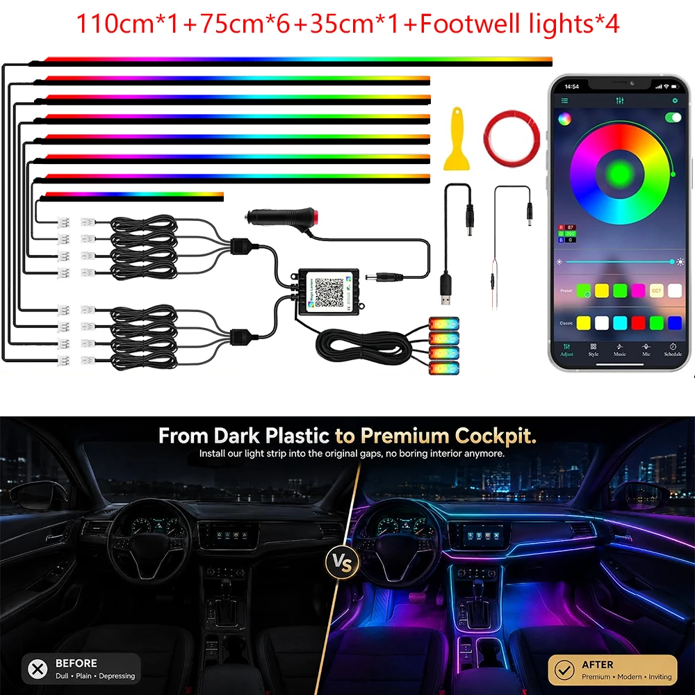 12IN1 Interior Car LED Flexible Strip Lights with APP Control/Ambient Lighting Kits with Dynamic Dreamcolor Chasing