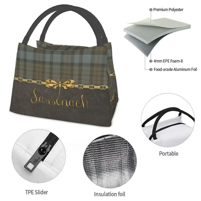 Leather And Tartan Sassenach Pattern Insulated Lunch Bag for Women Resuable Dragonfly Outlander Cooler Thermal Lunch Box