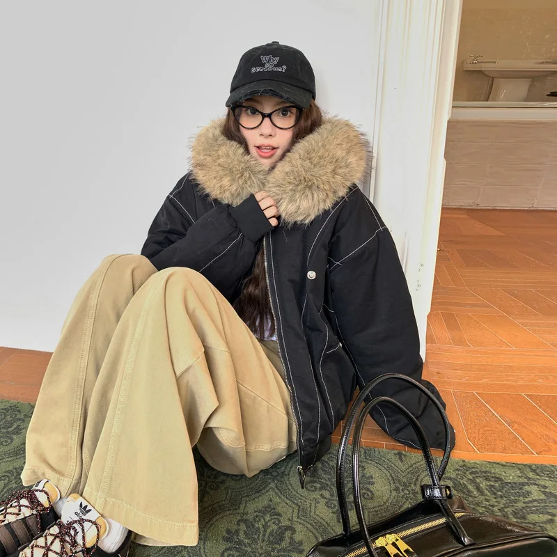 Women Hooded Parkas Coats Short Overcoat Solid Big Fur Collar Zipper Line Full Sleeve Loose Thick Office Lady Casual Winter 2025