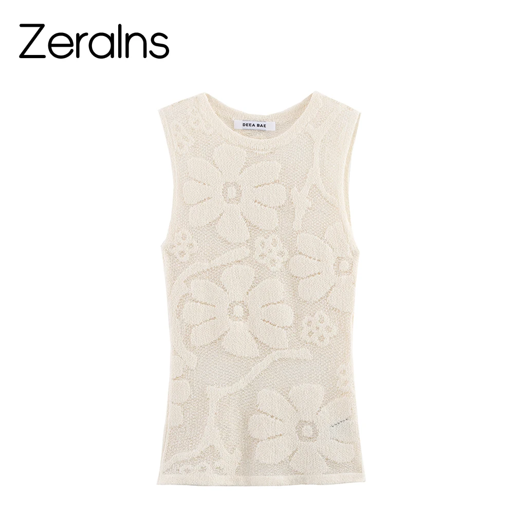 

ZERAINS Summer New Flower Printed Texture Round Neck Sleeveless Knitted Shirt Transparent Hollow Short Sleeve