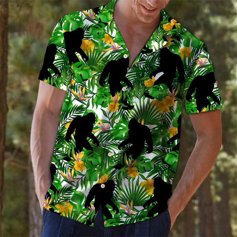 

Fashion Bigfoot Pattern Hawaiian Shirts Summer Casual Holiday Vacation 3D Printed Shirts Cool Streetwear Loose Mens Clothing