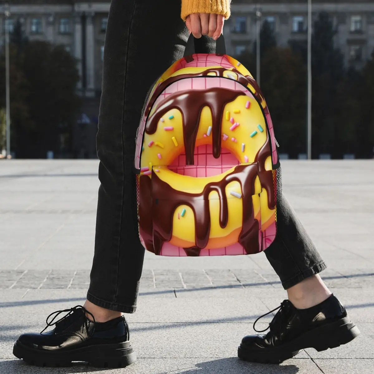 Ice Cream Donut In Pink Grid Background Backpack Student BookBag Children School Bag Computer Shoulder Bags for Boys Girls