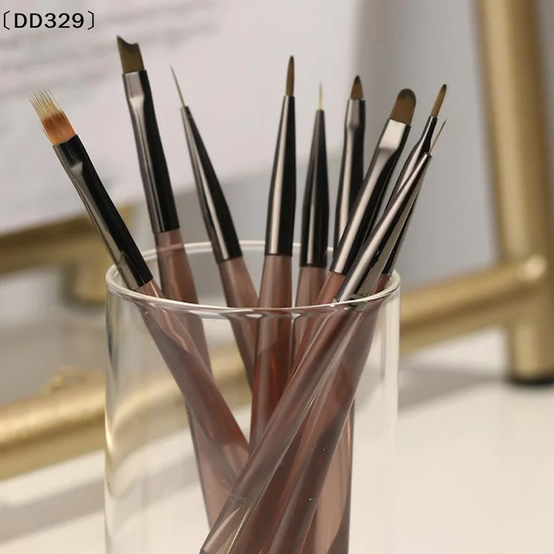 9Pcs Semi-transparent Acrylic Nail Art Brush Set Multi Types Gel Liner Sweep Ombre Gradient Flower Drawing Pen Manicure 〔DD329〕