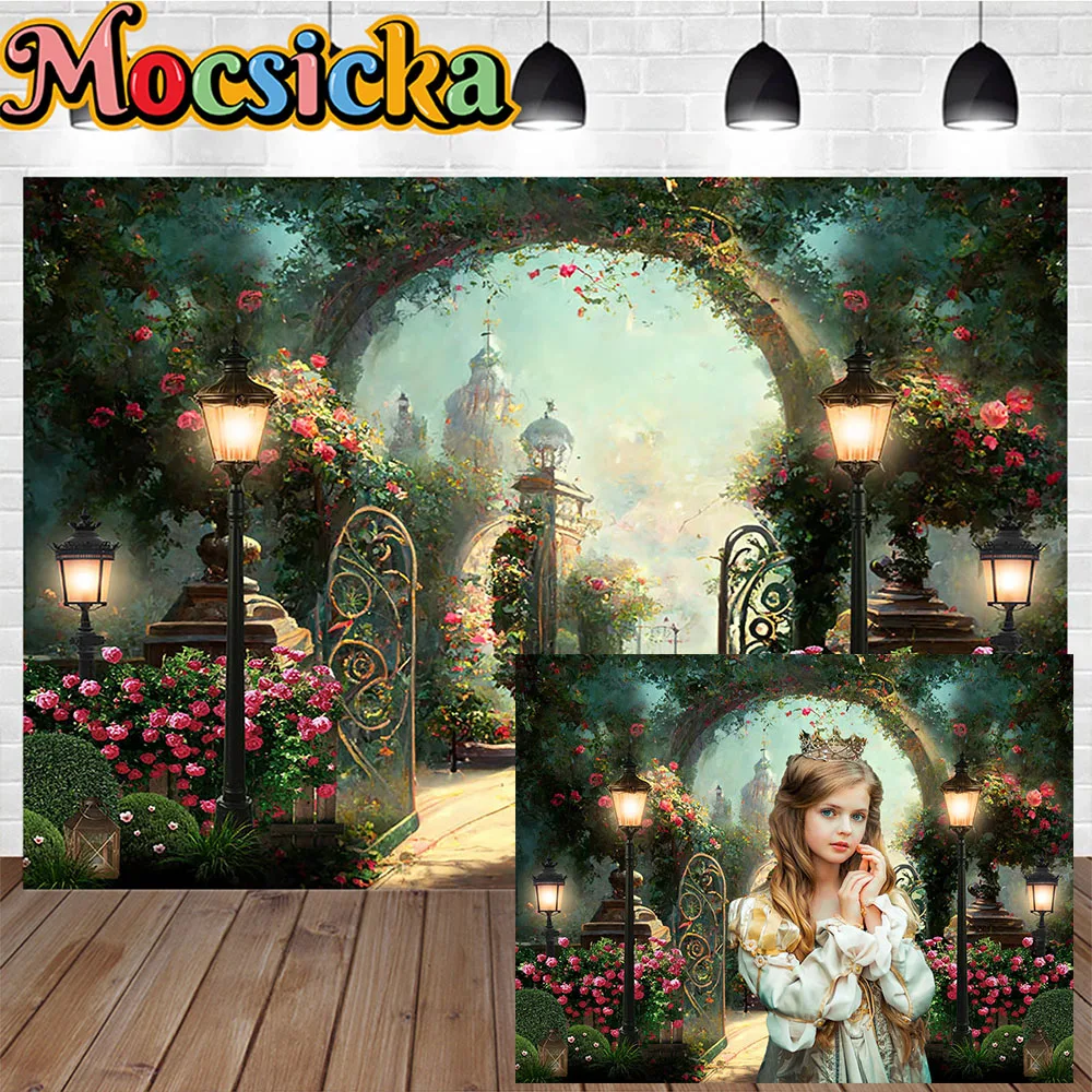 Fondo de fotografía artística de Castillo, princesa, niña, paisaje de las Maravillas, océano, flor, farola, decoración azul y rosa, telón de fondo brillante, utilería de estudio