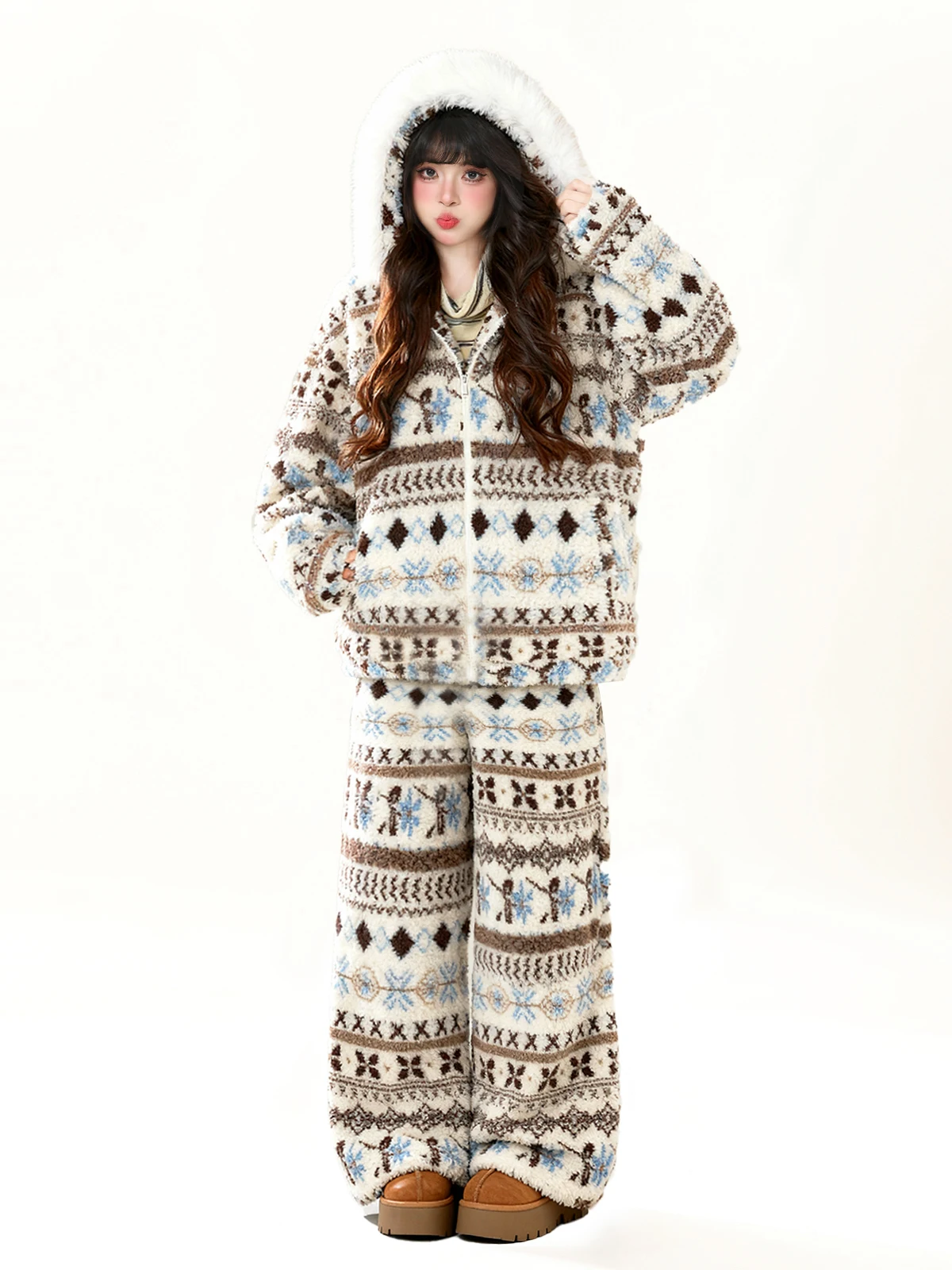 

Комплект ENJOG: Ретро-куртка из хлопка с мехом ягненка в стиле Fair Isle и свободные повседневные брюки на молнии для женщин, зимний комплект из двух предметов