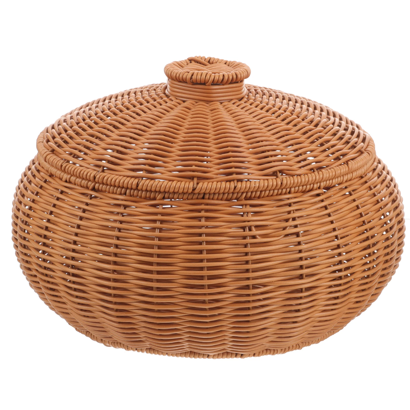 

Woven Fruit Basket with Cover Brown Color Plastic Smooth Surface Multipurpose Storage Baskets Kitchen Living Bedroom Bathroom