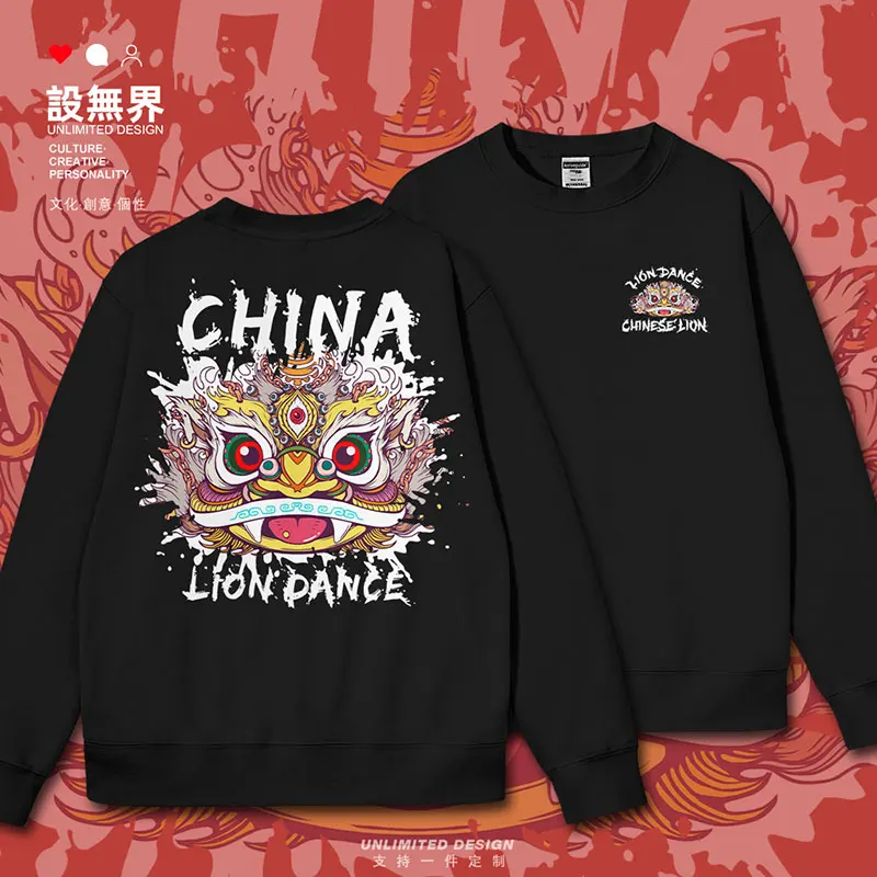 Original Lion Dance Awakening Lion Head Splashing Ink Country Design with Chinese Style mens hoodies pullovers autumn winter