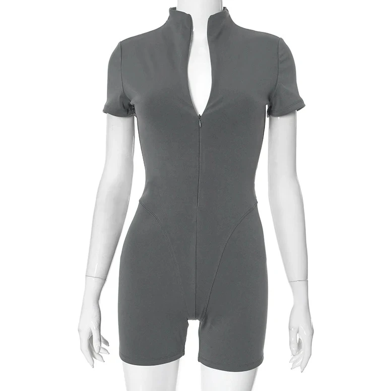 Primavera verão nova cor sólida meia-alta pescoço apertado sexy zíper mangas curtas playsuits hottie meninas desportivo rua