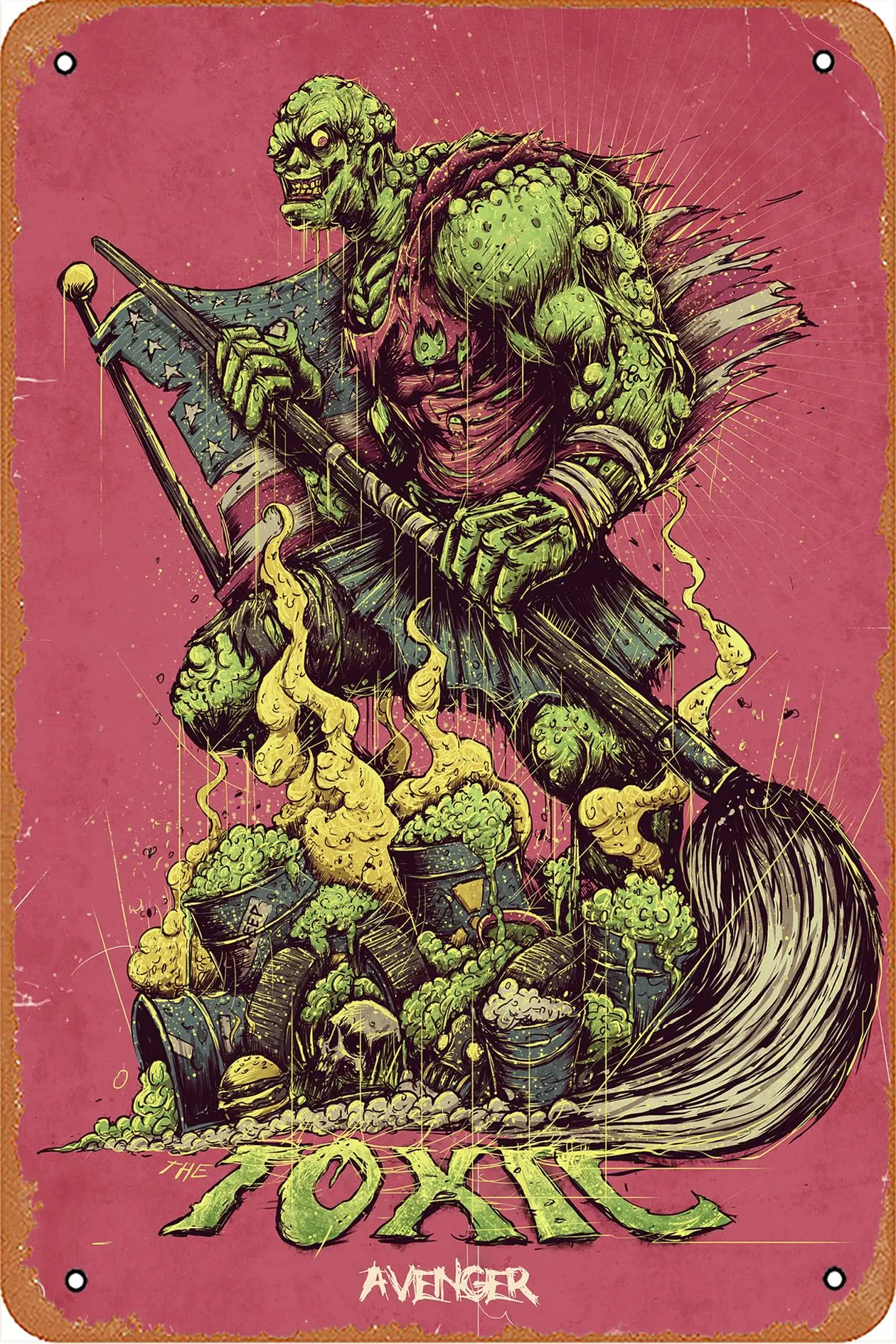 Cartel de película de los Vengadores tóxicos, placa de Metal, decoración de cine, calcomanía de pared, letrero de estaño, 12x8 pulgadas