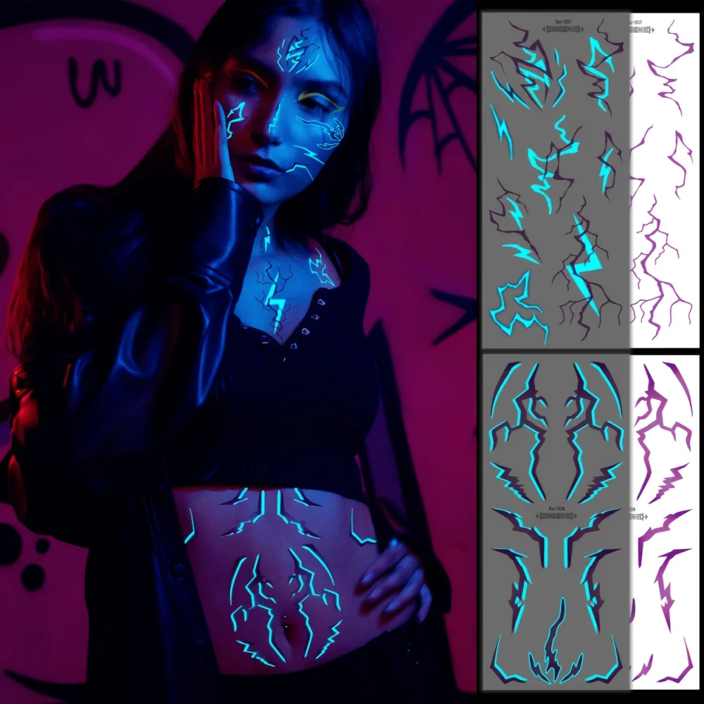 4 Blatt Kpop Temporäre Tattoos Lila Blitz Bold Make-up für Cosplay Rollenspiele Wasserdichte Gesichtskunst Aufkleber Leuchtendes Tattoo – Detail 7