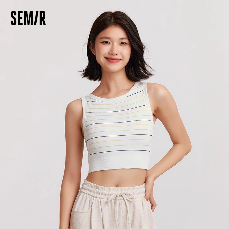 Semir Vest Women Underwear Integrated with Bra Striped Inner Wear Short Crop Wide Shoulder Slimming Versatile Worn Outside Top