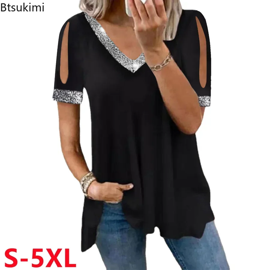 

2025 Women's Summer Casual Shirts Oversized Solid Off Shoulder Sequins Tshirt Female V Neck Loose Fit Short Sleeve Basic Shirt