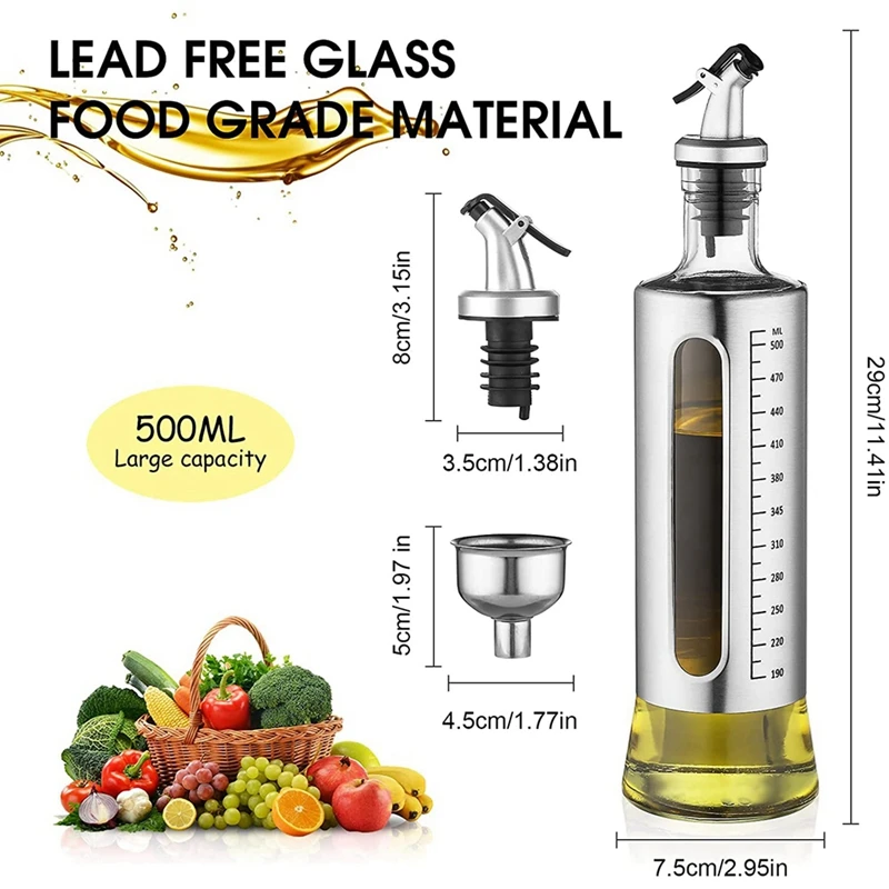 4 Pack Oil Bottle, 500Ml Olive Oil Vinegar Dispenser Bottle Set, Stainless Steel Glass Oil Dispenser With 1Pcs Funnel