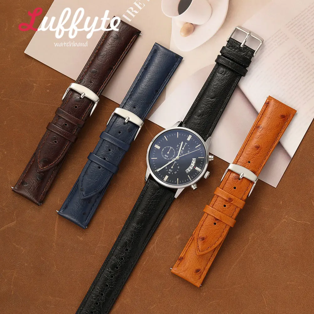 Men Women Ostrich Texture Leather Watch Band 18mm 20mm 22mm Quick Release Comfortable Fashion Style Calfskin Wristband