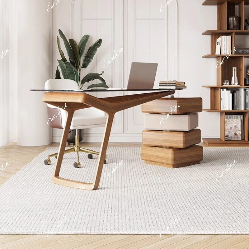 Design, light luxury high-end special-shaped solid wood desk rotating drawer tempered glass, reading