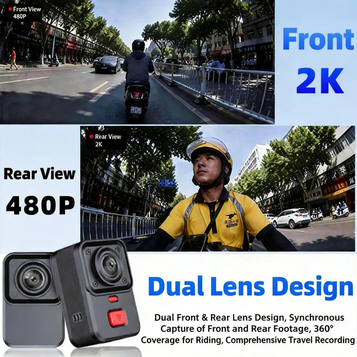 Motorcycle Dash Cam Dual Camera Front 2K HD Rear 480P WiFi GPS Waterproof IP66 Riding DVR Video Recorder Safety Camera view 2