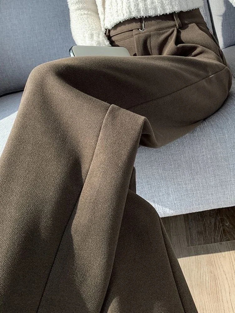 Brown Woolen High-end Suit Pants for Women in Autumn and Winter 2023 New Narrow Version Straight Wide-leg Pants with Drape