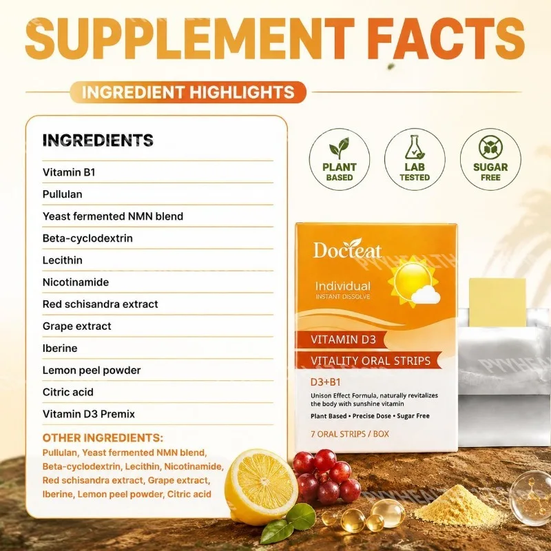Vitamin D3 Oral Strips D3+B1 Instant Dissolve Plant Based Sugar Free Helps Improve Concentration 7 Oral Strips Per Box
