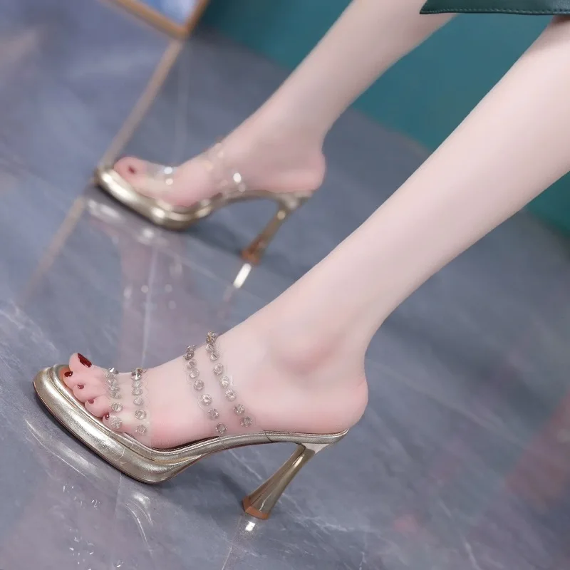 

Summer Fashion Transparent Platform Slippers Sandals Female Open Toe Perspex High Heels Clear Shoes Women Mules Slides