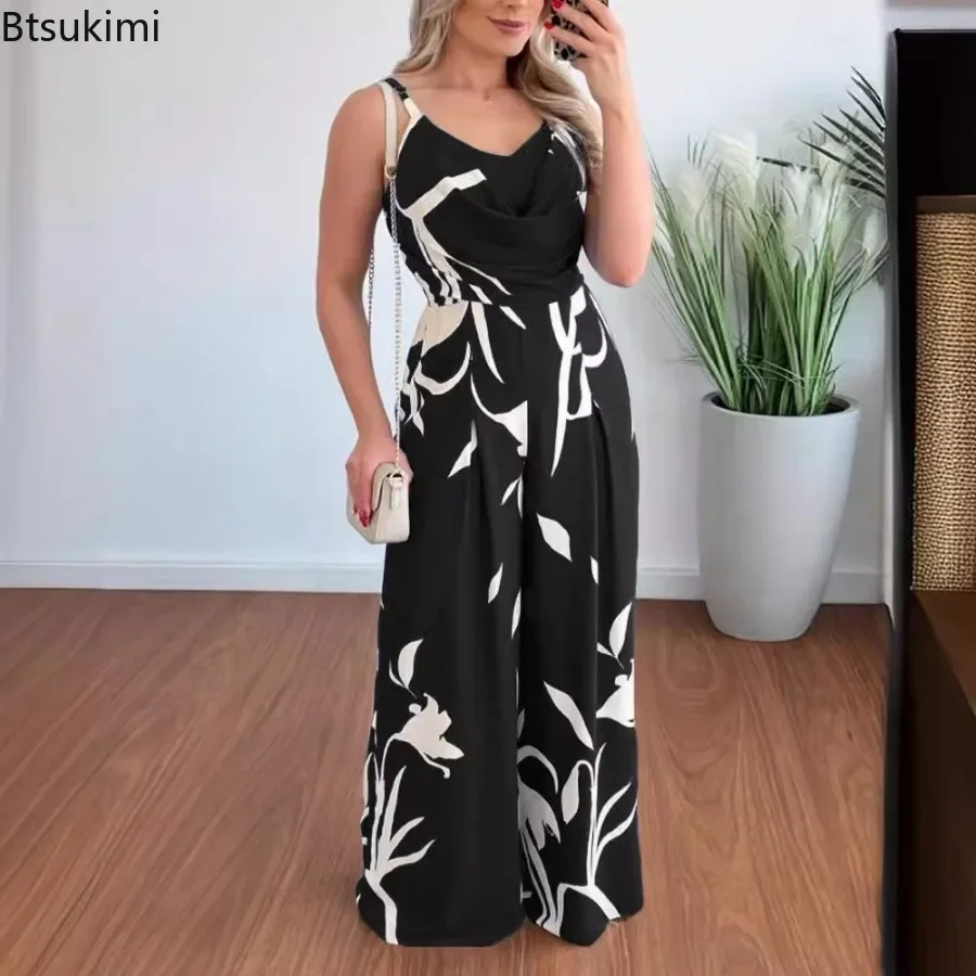 2026 Women's Summer Fashion Print Jumpsuit Temperament Commuting Elegant Overalls Sleeveless V-neck Open Back Wide Leg Jumpsuits