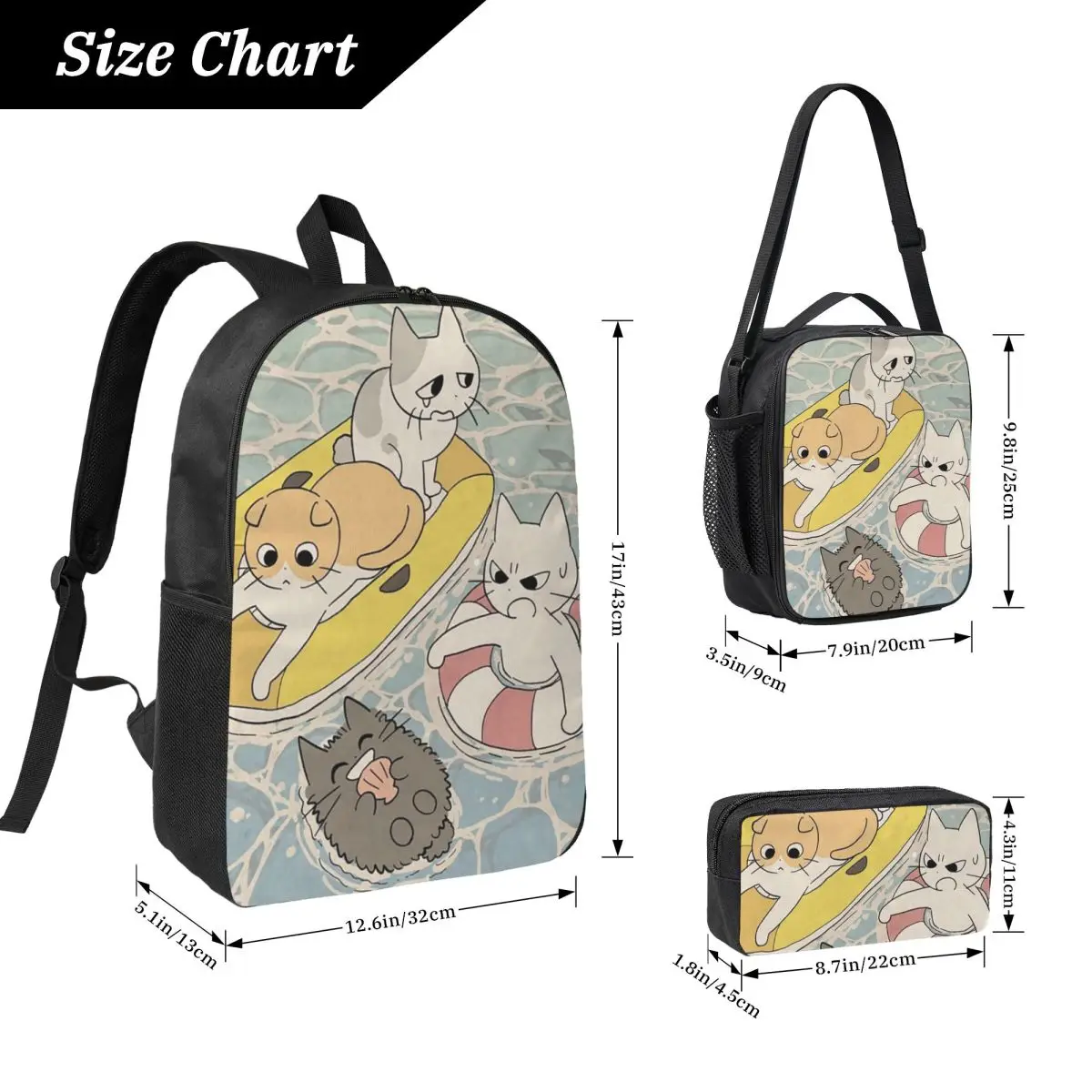 Summer Pool Cartoon Cat Anime Backpack Student BookBag School Bag Laptop Shoulder Bags 3ps Insulated Lunch Bag Pencil Case