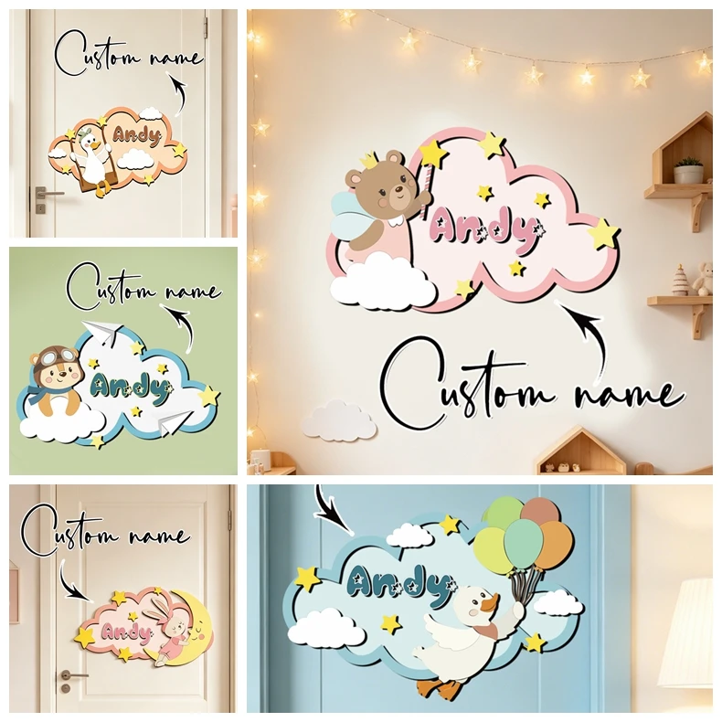 Custom Name Cloud Shaped Wooden Name Sign Cartoon Animal 3D Layered Plaque Baby Nursery Wall Decor Newborn Shower Keepsake Gift