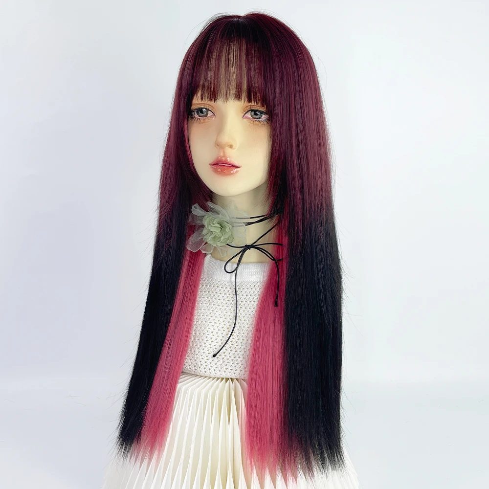 VICWIG Black Pink Highlights Long Straight Synthetic Wig Double Color Hair Girl Cosplay Daily Use With Bangs Lolita Wigs