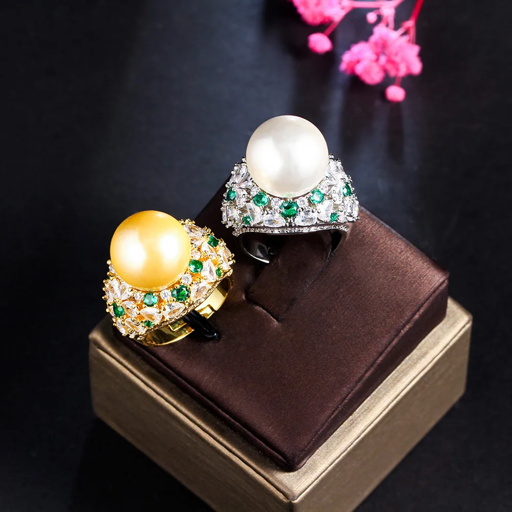 Pera Precious Resizable White Green Cubic Zirconia Big Pearl Charms Rings for Women Luxury Bridal Wedding Finger Jewelry R050