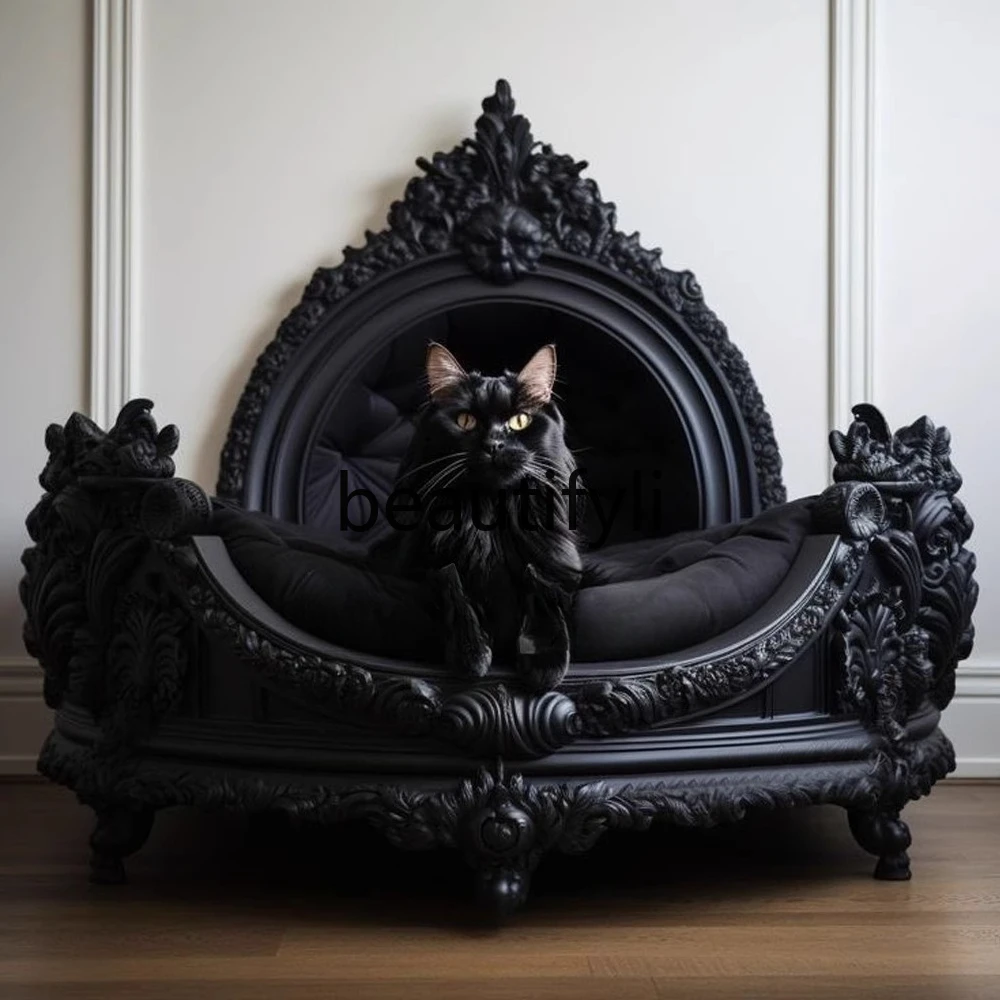 

Dark Style Cat House Dog House Indoor Solid Wood Carved Cat Bed Dog Bed Pet Furniture