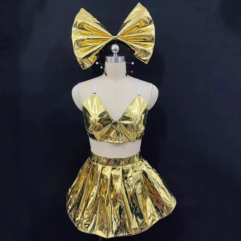 Bar Nightclub Women DJ Gogo Dancer Costume Silver Gold Laser Leather Mini Skirt Bow Headgear Team Dance Outfit Sexy Stage Wear