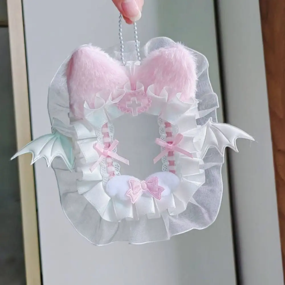 Ins نمط الكرتون أفخم حامل البطاقة القط الأذن أجنحة الملاك ستار مطاردة قلادة المفاتيح الدانتيل لطيف صور حامي حالة المدرسة