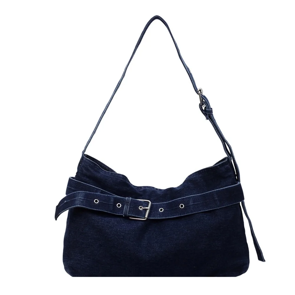 

Casual Korean Style Denim Tote Bag Solid Color Tote Bag Large Capacity Handbag PU Leather Large Capacity Underarm Packs Women