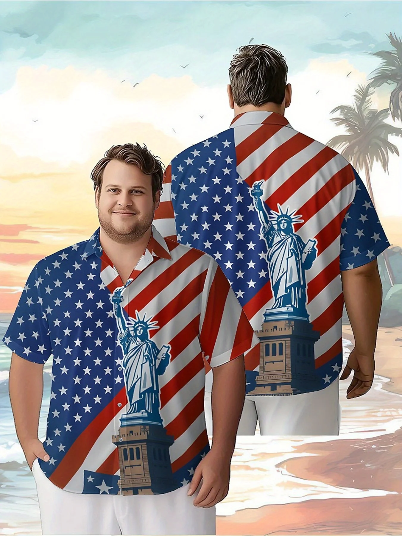 

Men's Plus Size Hawaiian Shirts American Flag and Statue of Liberty Pattern,Unisex Baggy Aloha Shirts,Alternative Clothing